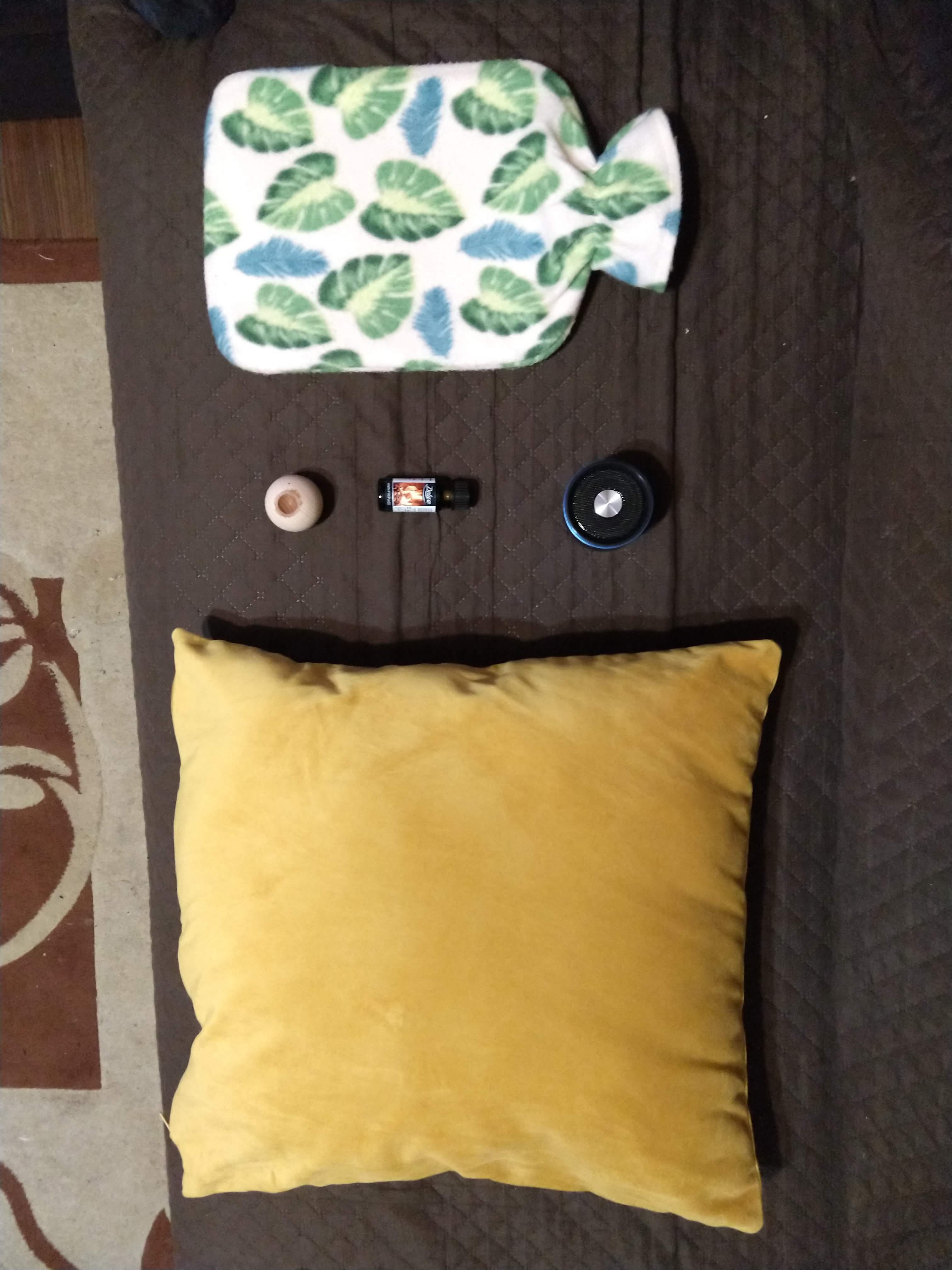 photo of hot water bottle, cushion, speaker and an aroma bottle
